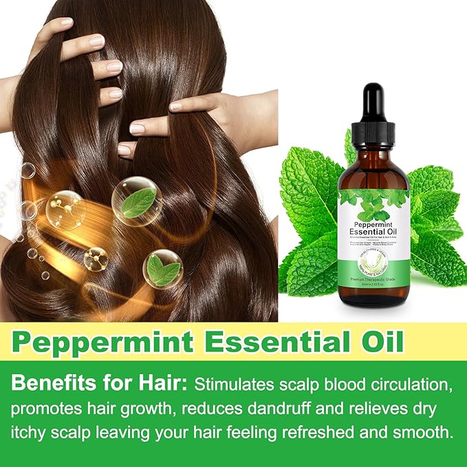 Akeeronn Peppermint Essential Oil 60ml, Natural Peppermint Oil for Hair Growth & Dandruff Removal - Perfect for Aromatherapy, Scalp and Body Massage, Refreshes, 2.02 fl.oz