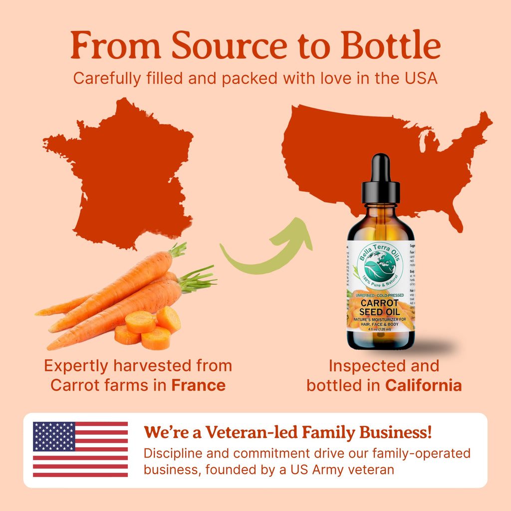Bella Terra Oils - Organic Carrot Seed Oil 2 oz - Cold-Pressed Elixir, Abundant in Vitamin A & E, Beta-Carotene Richness, Ideal for Nourished Skin Radiance