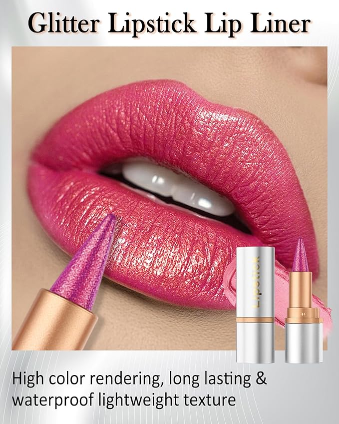 Rose Pink Glitter Lipstick Lip Liner,Shimmer Metallic Matte Lip Tint Stain