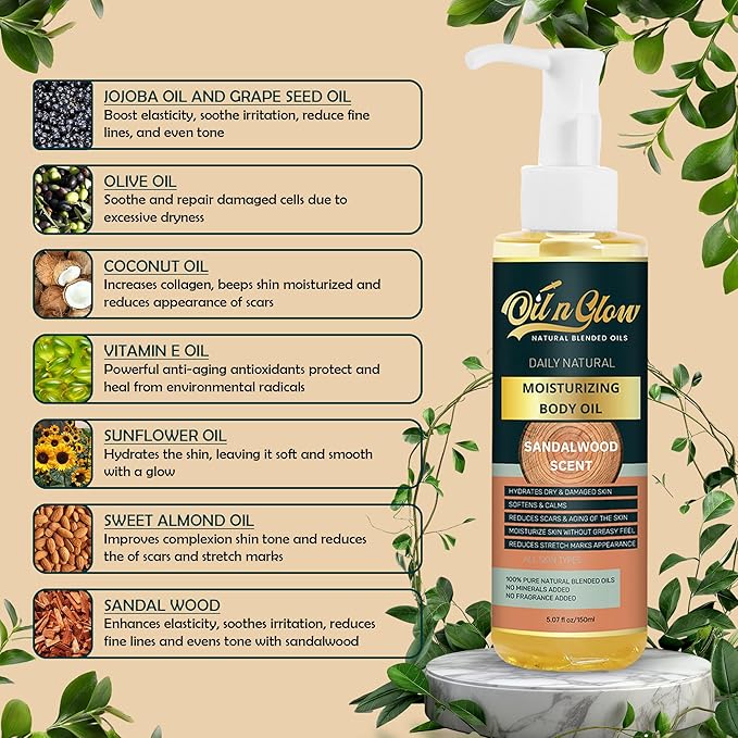 OilnGlow Pure Natural Hydrating Body Oil After Shower With Coconut, Jojoba, Olive & Almond Non-Greasy Moisturizing Oil For Women & Men Dry Skin 5.07 fl oz/150ml-Sandalwood Scent