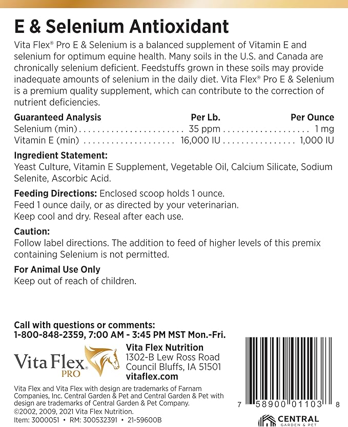Vita Flex Pro E & Selenium Supplement, Vitamin E and Selenium Powder for Horses, Balanced Antioxidants, Equine Vitamin E Supplement, Horse Vitamins and Minerals, 4 lb, 64-Day Supply