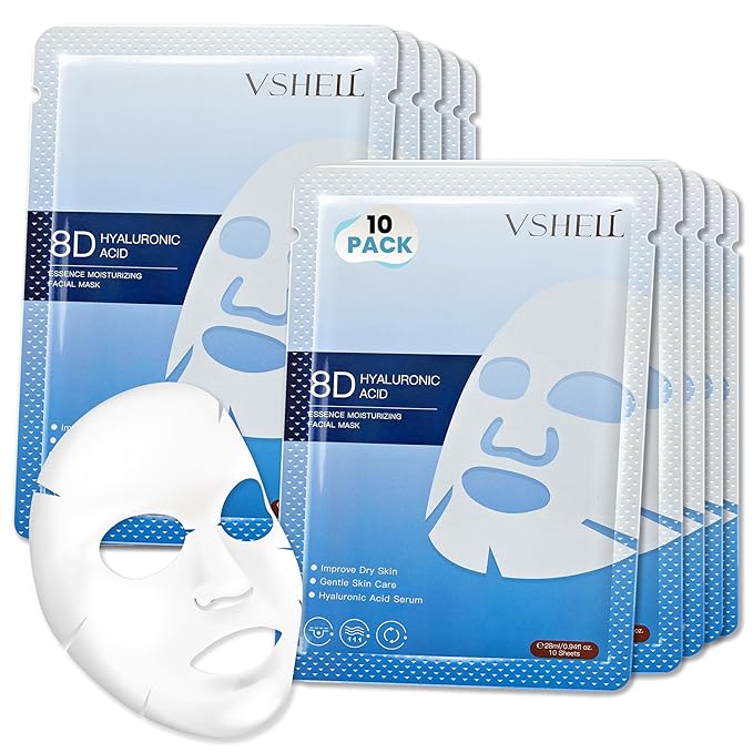 VSHELL Hyaluronic Acid Face Sheet Mask – Hydrating & Plumping Facial Mask for Dry Skin – Deep Moisturizing Skincare for Radiant Glass Skin Glow – Daily Use – 10 Pack
