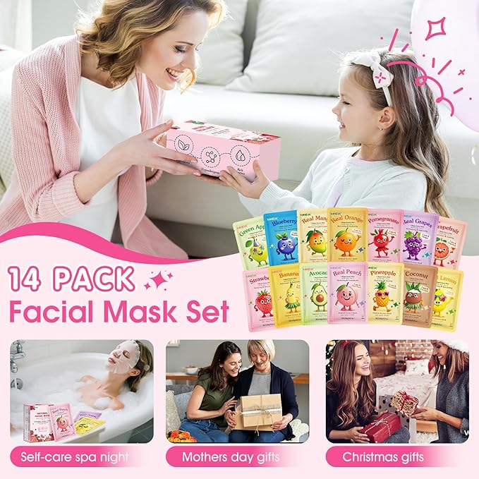 14 Pack Fruit Face Masks Skincare for Kids, Sheet Hydrating Facial Mask