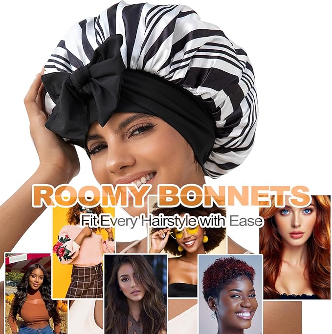 GDTOGRT Satin Silk Bonnet for Sleeping Women, Double Layer Sleep Hair Bonnets Caps for Curly Natural Hair with Tie Band -Black Stripe