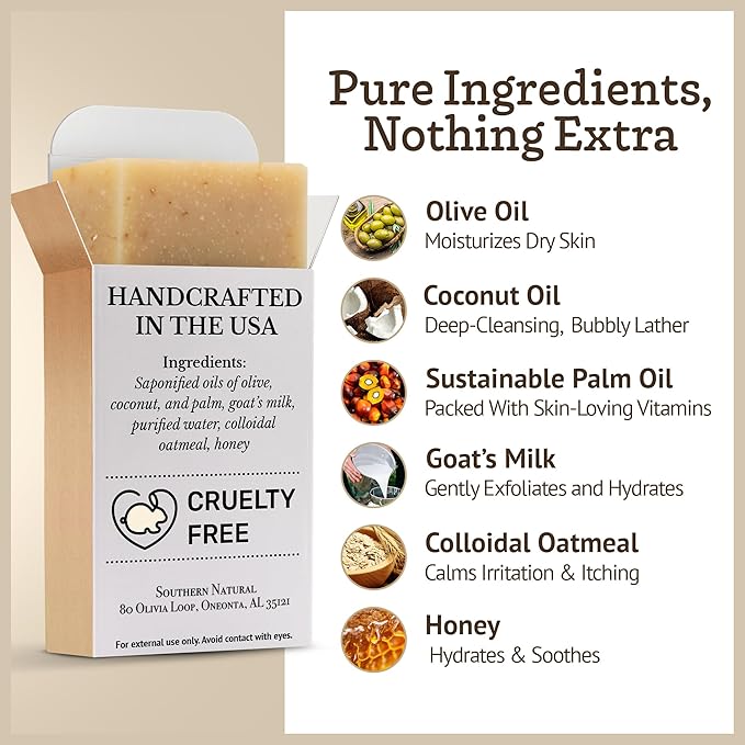 Southern Natural Oatmeal Soap Bar, 3 Pack, Unscented Goat Milk Soap Bars
