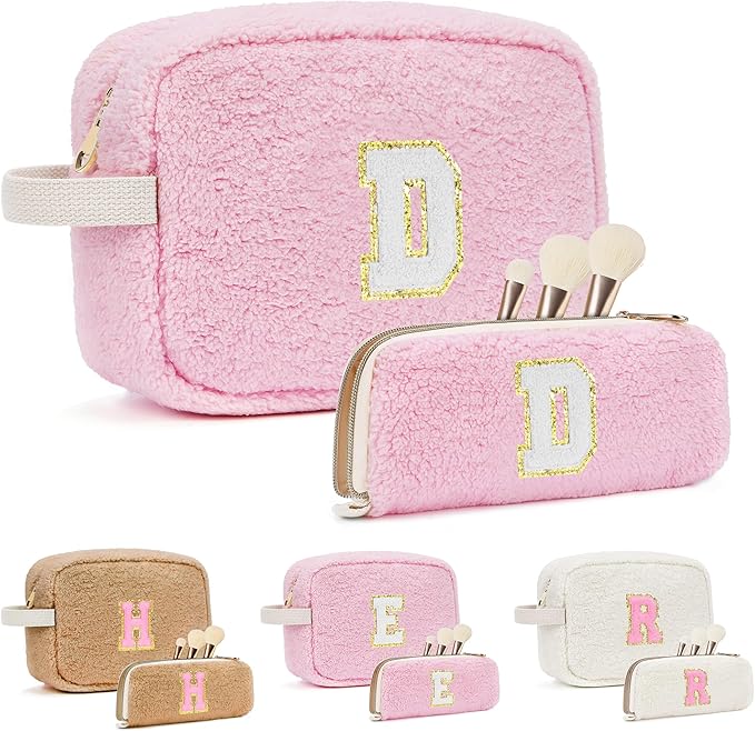 ibeacos 2PCS Makeup Bag with Initials, Valentines Day Gifts for Teen Girls Trendy Stuff, Personalized Cosmetic Travel Bag Pouch for Granddaughter, Cute Plush Make up Bags for Birthday - Pink D
