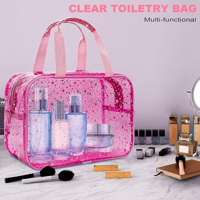 Junesters Clear Red Star Large Makeup Bag with Star Pattern 12x5x8 inch, Travel Cosmetic Bag with Handle, Durable PVC Material Washbag Zipper Opening Design for Makeup Travel Organizer or Gym Use