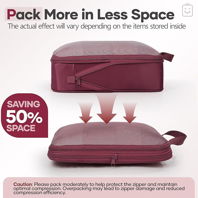 Veken 9/11 Set Compression Packing Cubes Garment Bags for Travel Essentials,Compressible Expandable Luggage Organizer Bags for Clothing,Space Saver Bags with Over 1000 pcs of Mesh Holes(Wine Red)
