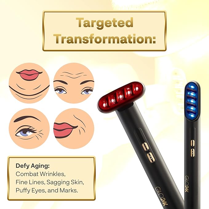 GLO24K 6-in-1 LED Beauty Wand for Face, Neck and Eye Area - Red & Blue LED Facial Wand with Gentle Warming, Vibration, Microcurrent Mode and 3 Intensity Levels