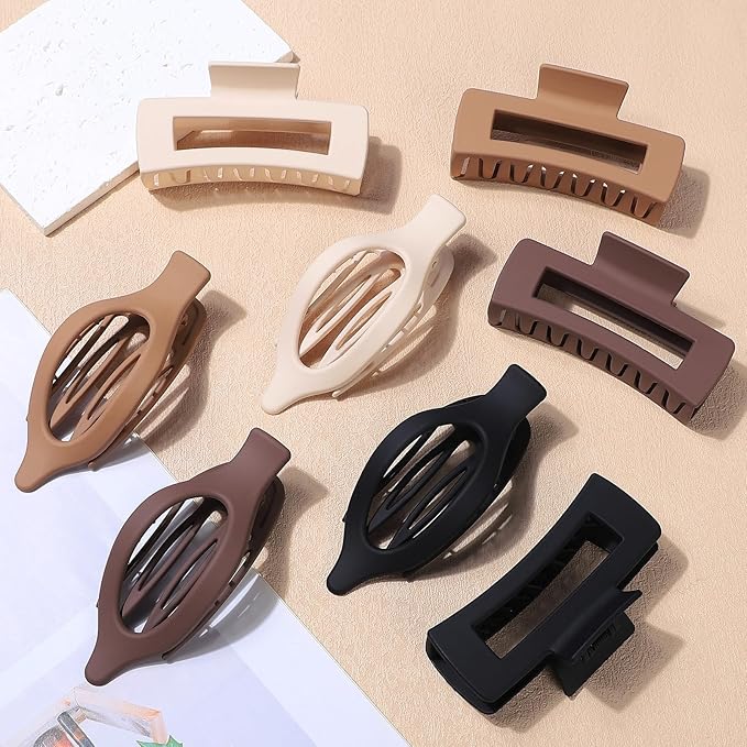 CHANDAT Hair Clips for Women 4.3 Inch Large Hair Claw Clips 8 pcs Square Claw Clips & Flat Hair Clips for Thick or Thin Hair French Concord Hair Barrettes Alligator Hair Accessories for Women (Brown)