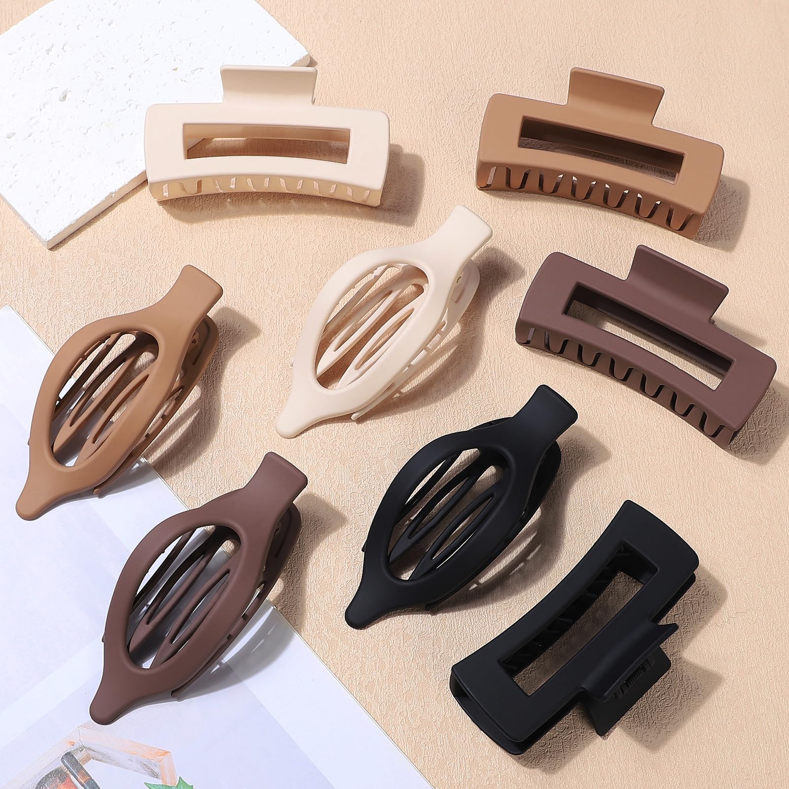 CHANDAT Hair Clips for Women 4.3 Inch Large Hair Claw Clips 8 pcs Square Claw Clips & Flat Hair Clips for Thick or Thin Hair French Concord Hair Barrettes Alligator Hair Accessories for Women (Brown)