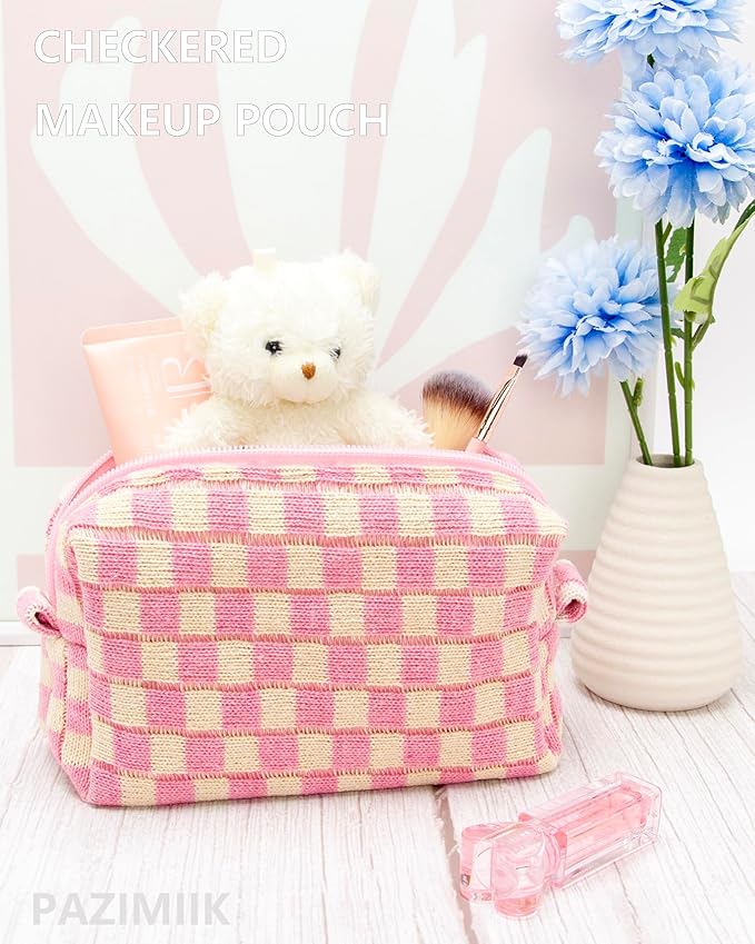 Checkered Makeup Bag for Purse, Small Cosmetic Pouch,Pink Beige,2 Pack