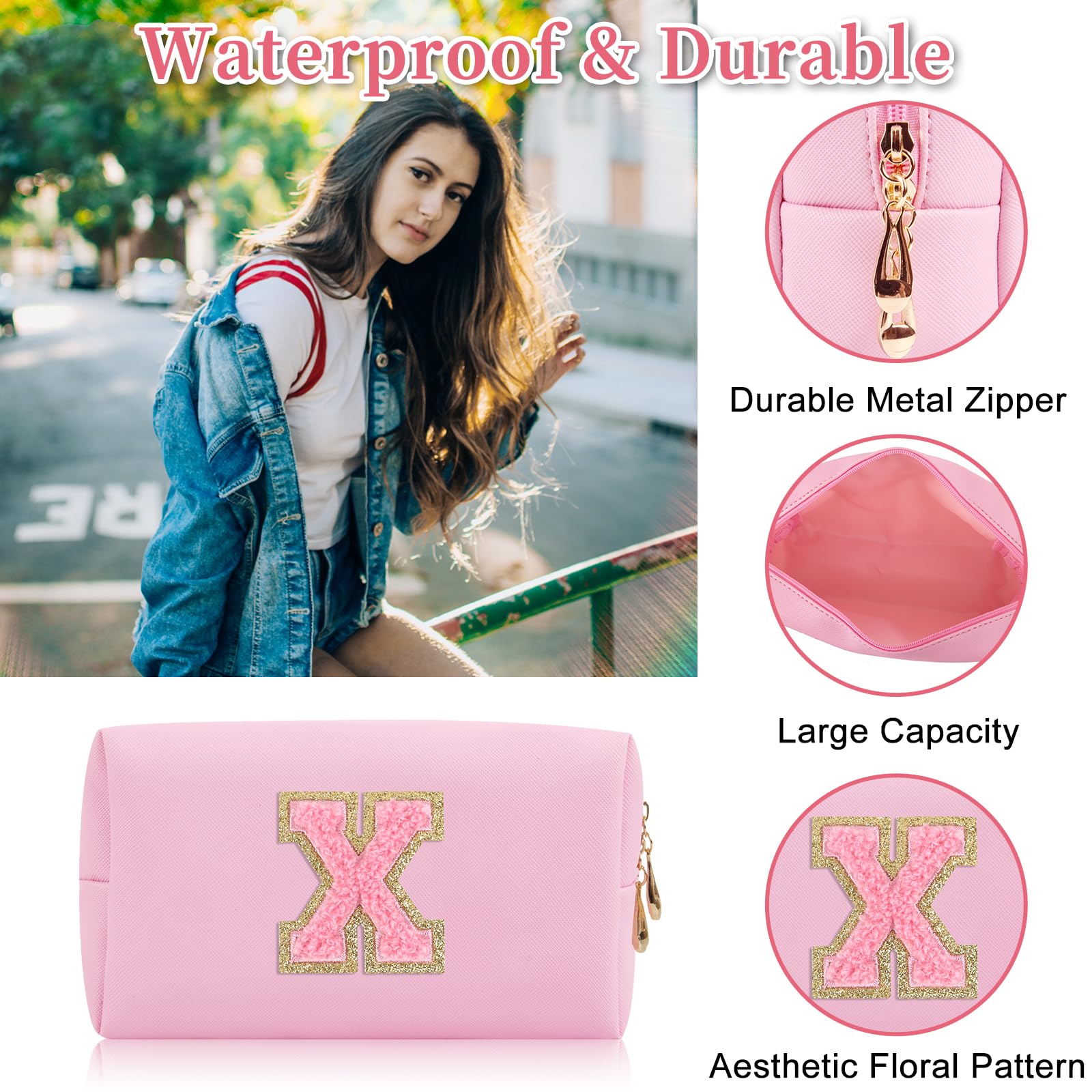 Personalized Initial Letter Patch Makeup Bag, Preppy Small Chenille Cosmetic Bag with Zipper, PU Leather Waterproof Travel Toiletry Bag Monogram Make Up Pouch for Women Girls