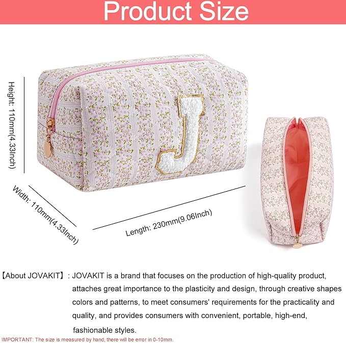 JOVAKIT Makeup Bag Cosmetic Bags for Women, Christmas Gifts for Girls Age 6-18, Alphabet Pink Floral Coquette Zipper Travel Makeup Pouch, Organizer Case Trendy Stuff (Pink Floral J)