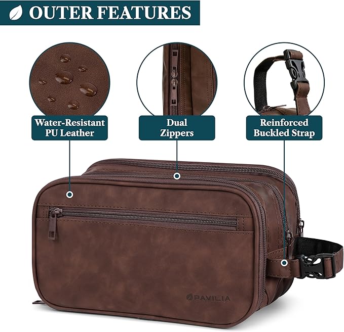 PAVILIA Toiletry Bag for Men, Travel Toiletries Bag | Water-resistant Dopp Kit, PU Leather Shaving Pouch Organizer for Accessories, Cosmetic, Hygiene, Grooming Essentials (Dark Brown)