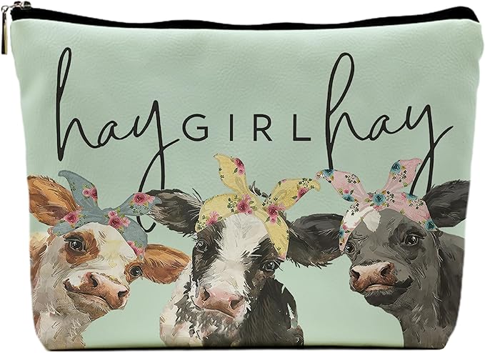 NEGIGA Cow Print Stuff,Cow Makeup Bag,Cow Gifts,Western Makeup Bag,Makeup Bags For Women,Cow Print(Green Pu Leather Cosmetic Bag)