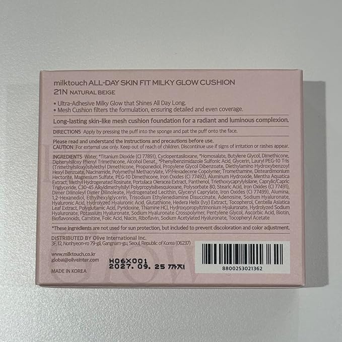 milktouch Cushion Foundation, 24H Flawless Skin, Radiant Shine, No Oxidation, Long-Lasting, Non-Creasing, 60% Hydrating Skincare Infused Korean (21N Natural Beige)