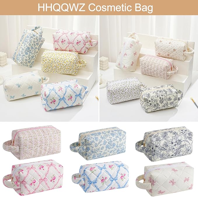Makeup Bag Travel Cosmetic Bag for Women, Zipper Make Up Pouch, Floral Flowers Toiletry Organizer Makeup with Handle, Cosmetic Travel Cloth Bag (Pink Bow Tie)