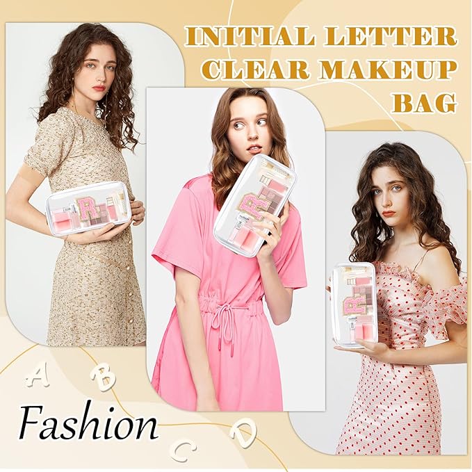 Personalized Initial Letter Clear Makeup Bag,Preppy Small Nylon&PVC Cosmetic Zipper Bag with Chenille Letter,Travel Skincare Toiletry Bag,Monogram Christmas Gift for Teen Girls Women,R