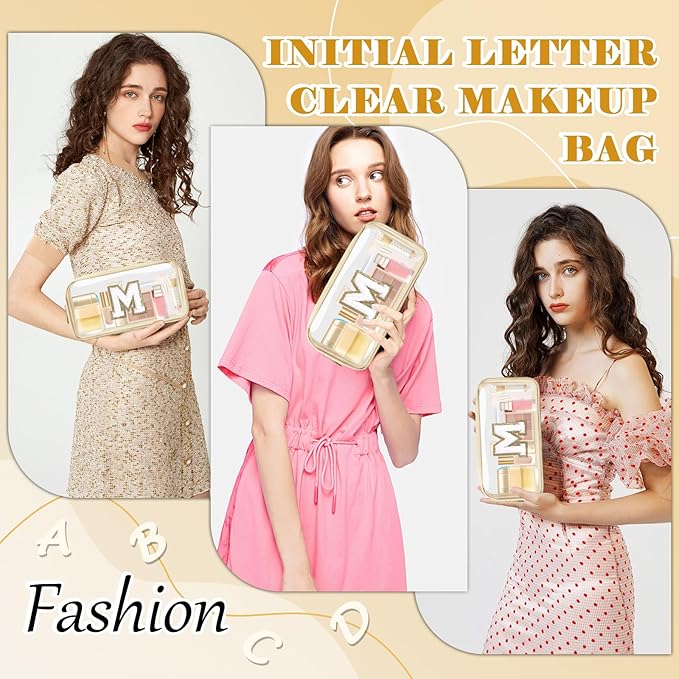Personalized Initial Letter Clear Makeup Bag,Preppy Small Nylon&PVC Cosmetic Zipper Bag with Chenille Letter,Portable Beach Travel Skincare Toiletry Bag,Trendy Monogram Gift for Teen Girls Women,M