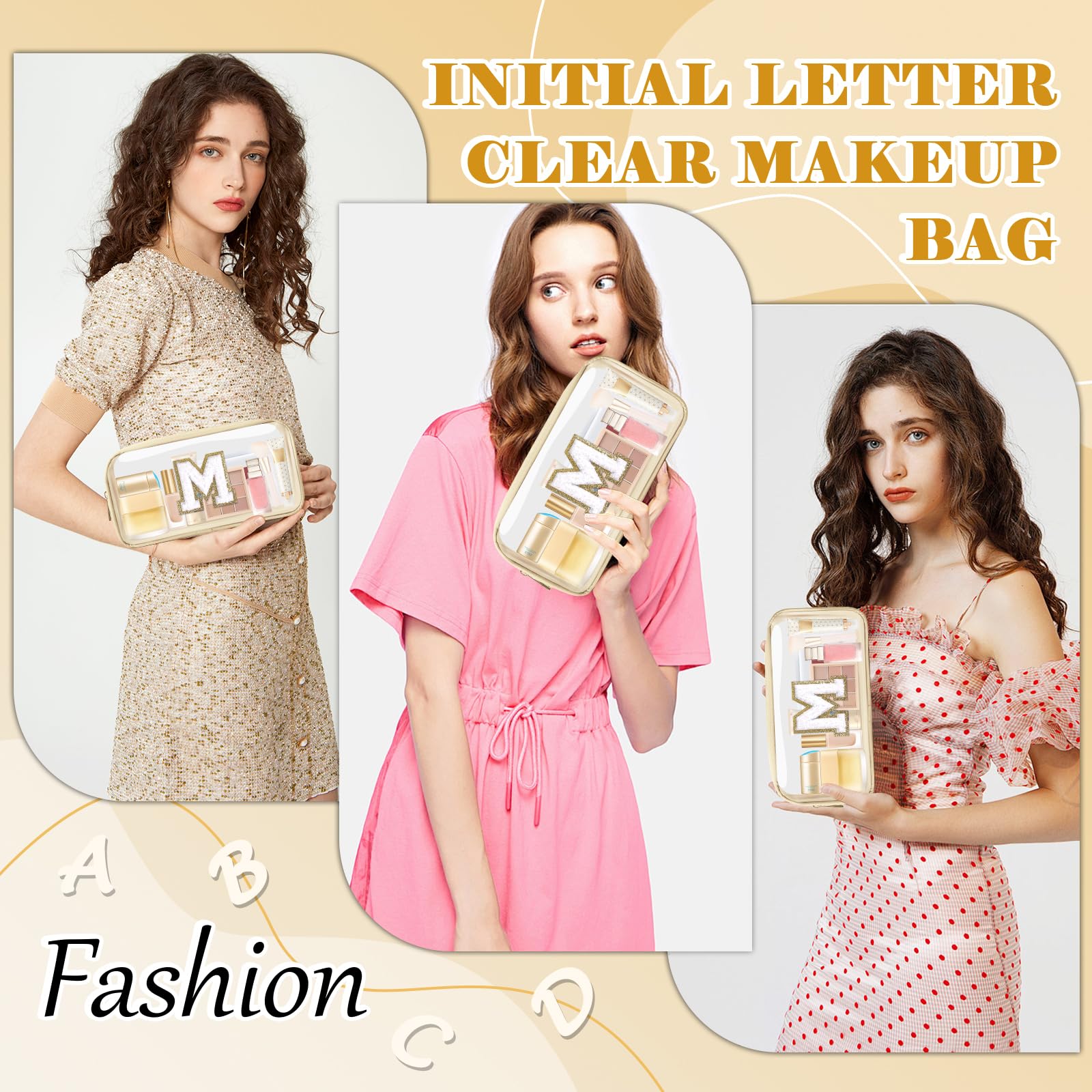 Personalized Initial Letter Clear Makeup Bag,Preppy Small Nylon&PVC Cosmetic Zipper Bag with Chenille Letter,Portable Beach Travel Skincare Toiletry Bag,Trendy Monogram Gift for Teen Girls Women,M