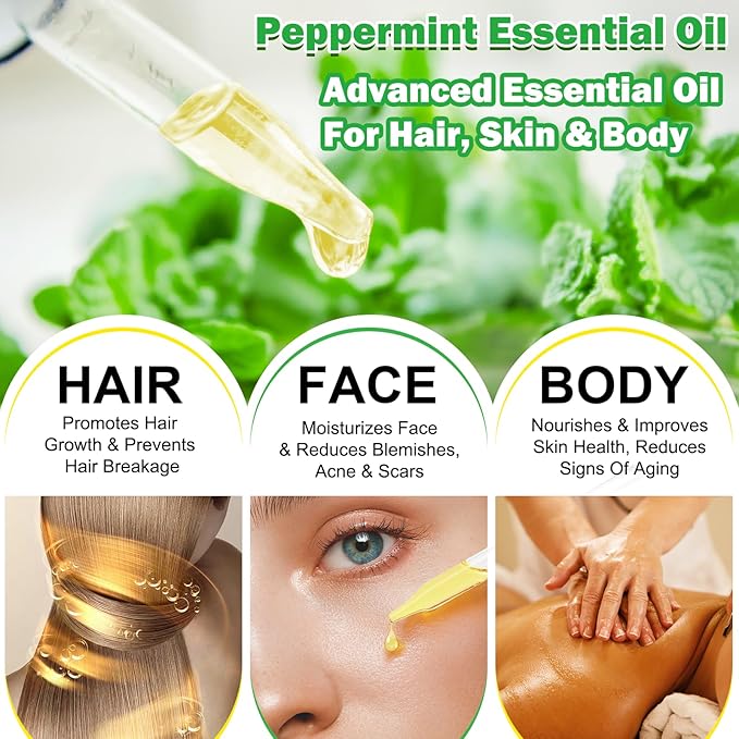 Akeeronn Peppermint Essential Oil 60ml, Natural Peppermint Oil for Hair Growth & Dandruff Removal - Perfect for Aromatherapy, Scalp and Body Massage, Refreshes, 2.02 fl.oz