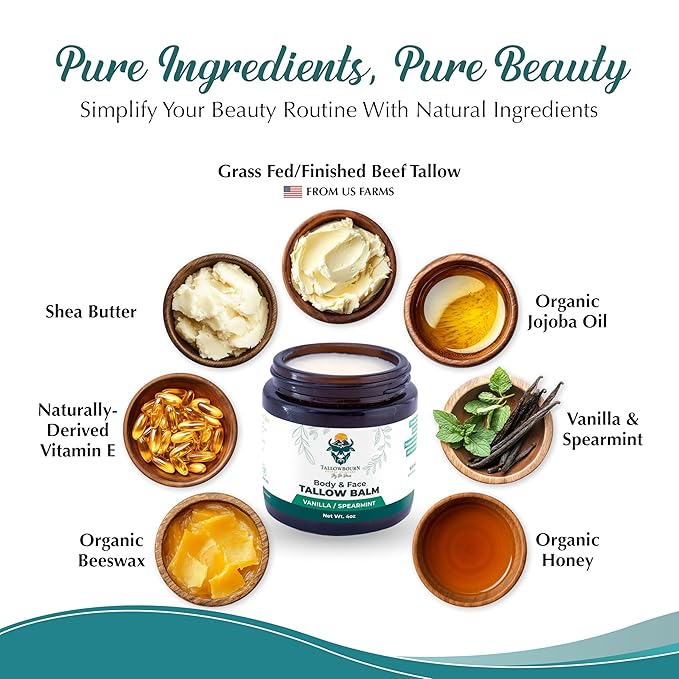 Grass-Fed Beef Tallow Balm for Face & Body - Vanilla & Spearmint - 4oz