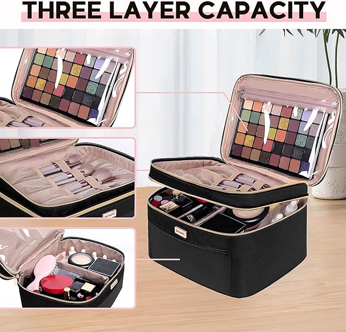 BAFAMYE 8.8L Double Layer Travel Makeup Bag Women, Large Cosmetic Case, Organizer for Travel-Size Accessories Bottles, Brushes, and Skin Care Products, Black 2.33 GAL