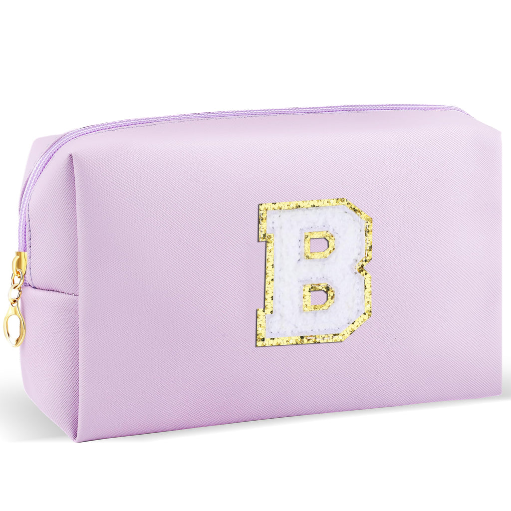 URSKYTOUS Gifts for Girls Initial Makeup Bag Personalized Cosmetic Bag with Zipper Cute Travel Toiletry Bag Waterproof PU Preppy Makeup Pouch Birthday Gift for Teen Girls Women(Purple B)