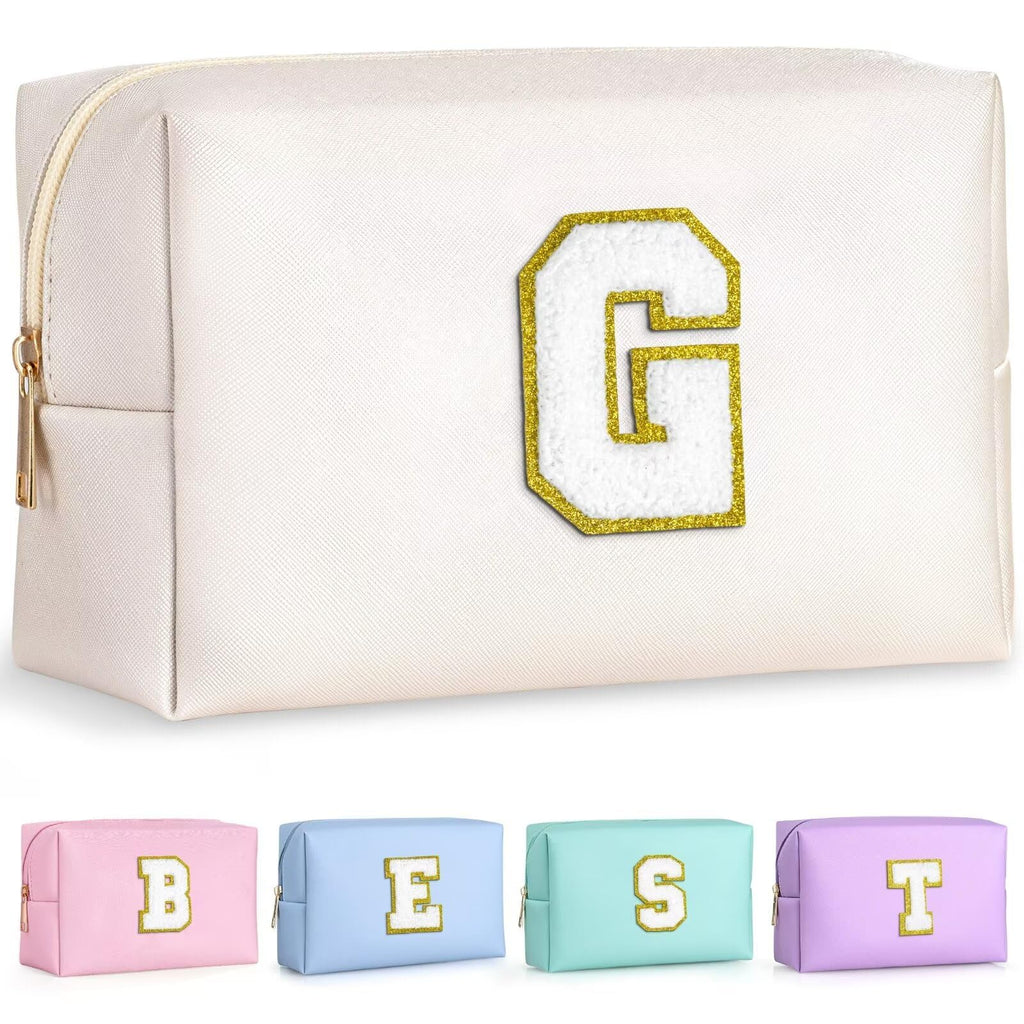 TOPEAST Travel Makeup Bag, Personalized Initial Toiletry Bag w Zipper, Cute Makeup Pouch, PU Leather Waterproof Cosmetic Bag, Birthday Gift for Daughter, Preppy Things for Girls (White G)