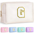 TOPEAST Travel Makeup Bag, Personalized Initial Toiletry Bag w Zipper, Cute Makeup Pouch, PU Leather Waterproof Cosmetic Bag, Birthday Gift for Daughter, Preppy Things for Girls (White G)