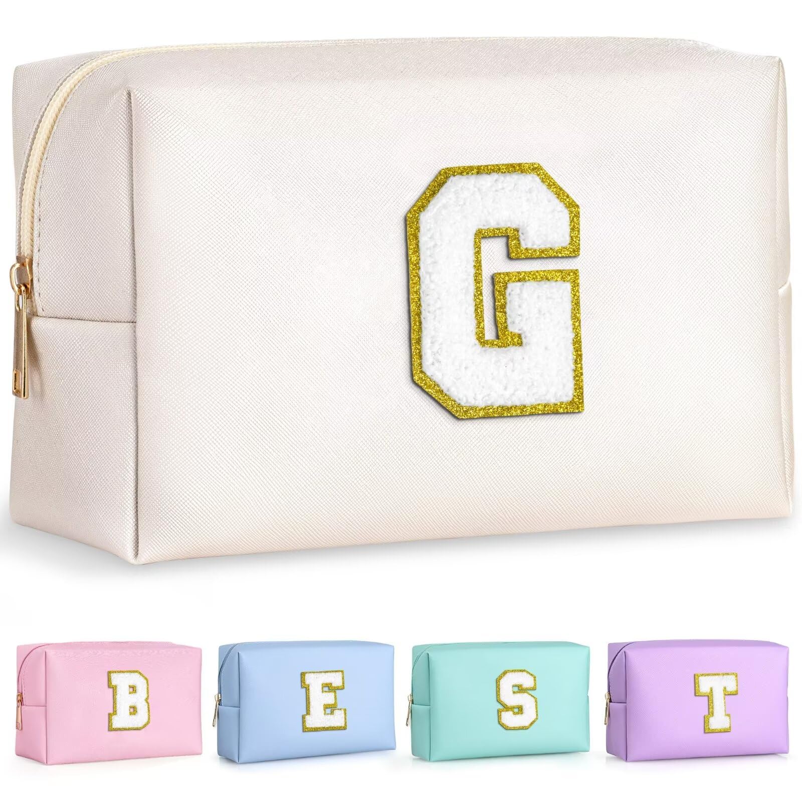 TOPEAST Travel Makeup Bag, Personalized Initial Toiletry Bag w Zipper, Cute Makeup Pouch, PU Leather Waterproof Cosmetic Bag, Birthday Gift for Daughter, Preppy Things for Girls (White G)