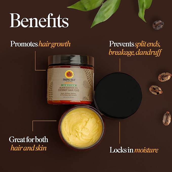 Jamaican Black Castor Oil Coconut Hair Food 4 oz | Seals, Softens, Defines & Promotes Hair Growth | Traditional Handmade Jamaican Black Castor Oil & Coconut |
