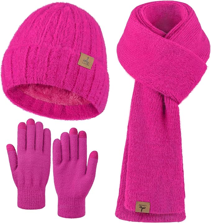 LOROME Winter Beanie Hat Gloves Scarf, Cashmere Hat Gloves Scarf Set Women