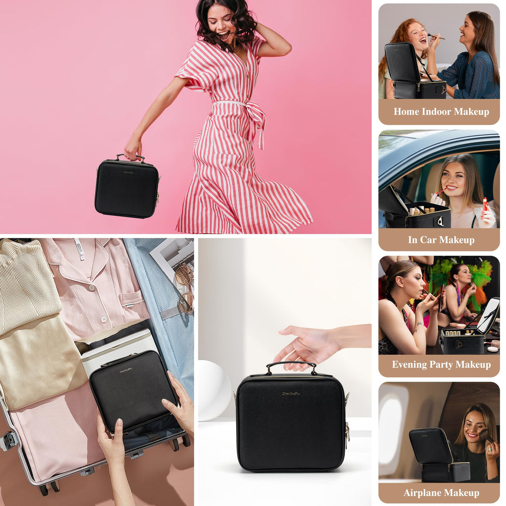 SJD Travel Makeup Bag with LED Mirror, Portable Cosmetic Case Organizer with Lighted Mirror, Waterproof Makeup Case for Cosmetic Brush Holder Storage, Black Toiletry Bag for Women Gift