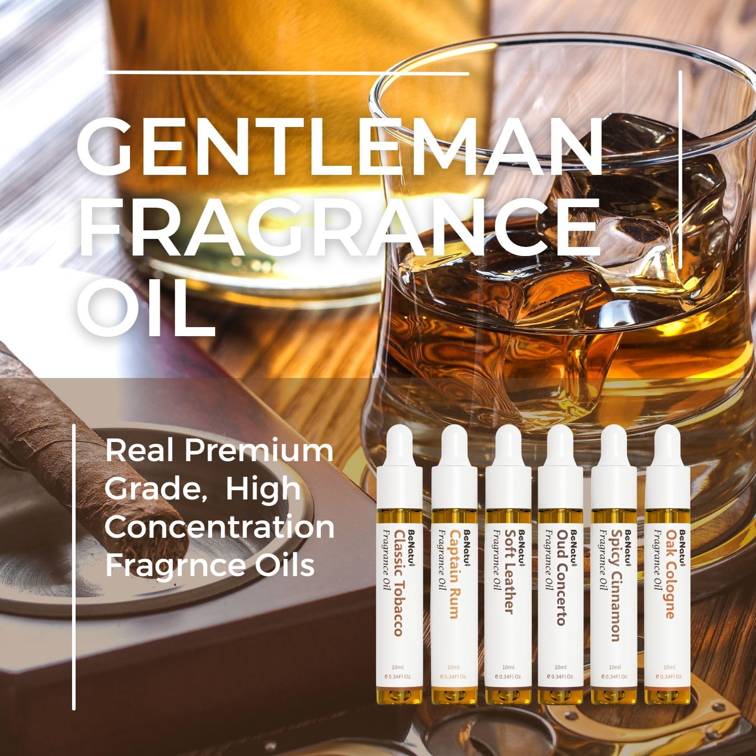 Benatu Gentleman Premium Fragrance Oils Set for Diffuser - Men Scents Perfume Oil Gift for Home (Classic Tobacco, Captain Rum, Soft Leather, Oud Concerto, Spicy Cinnamon, Oak Cologne) 6 Pcs