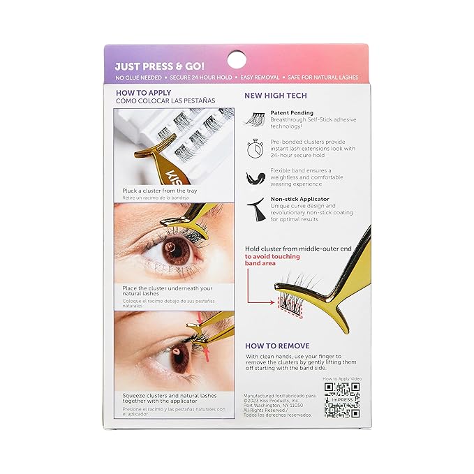 Kiss Impress Falsies Self Adhesive Eyelashes, Press On Lashes, 12mm-14mm Natural Volume Lashes, Black, No Glue Needed, Invisible Band, 36 Lash Clusters & Non-Stick Applicator - Natural