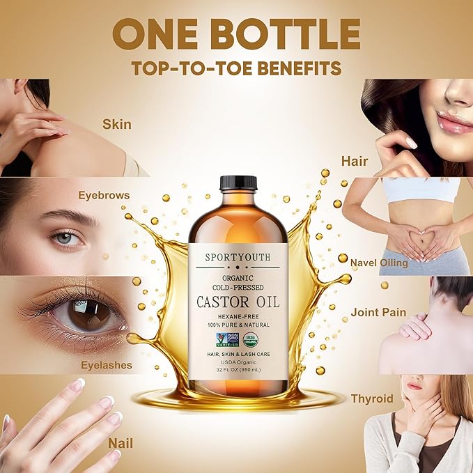 SPORTYOUTH Organic Castor Oil Cold Pressed 32oz Glass Bottle Big Volume