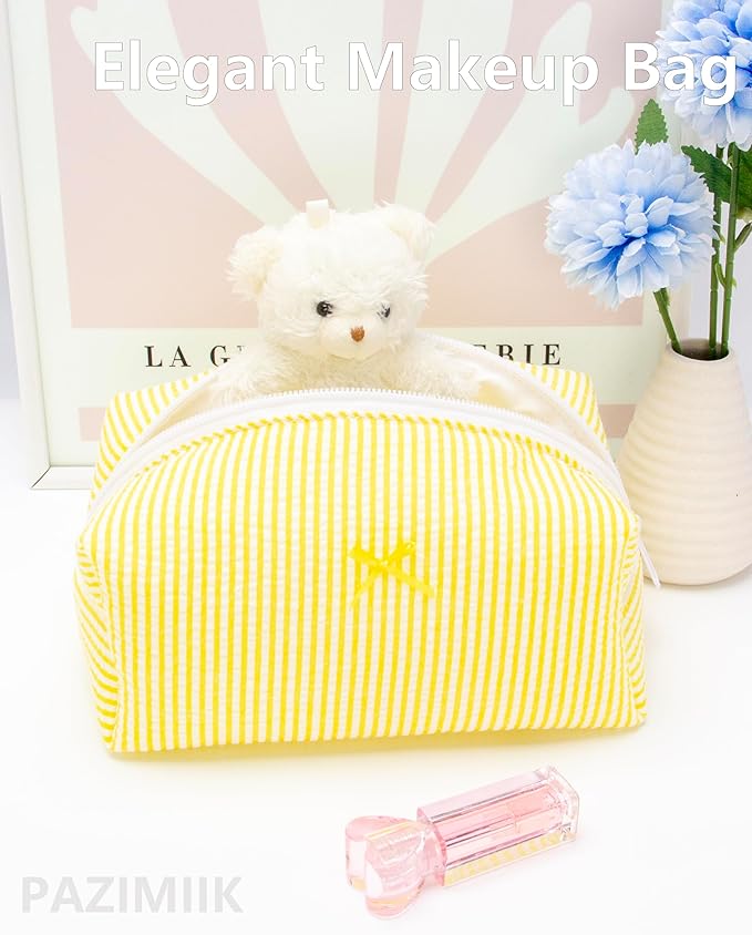 Cozy Makeup Bag for Women,Zipper Cosmetic Pouch,Stripe Yellow,2 Pack