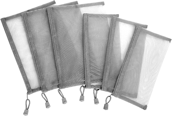 Sinzip 12 Pieces Zipper Nylon Mesh Pouch, Mesh Cosmetic Bags Makeup Bags Pencil Case, Multipurpose Travel Bags for Cosmetic School Office Supplies and Travel Accessories (Grey, A5+B6)