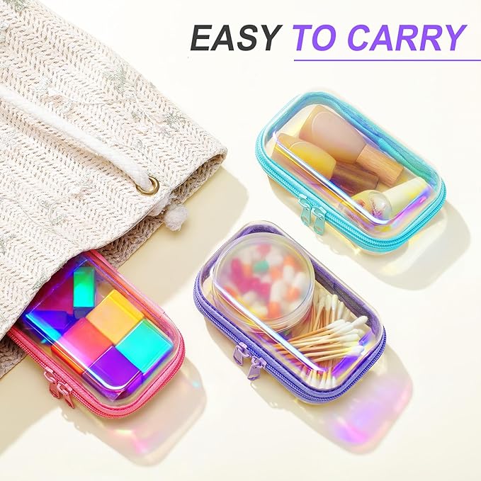 Hoolerry 3 Pcs Clear Hard Zipper Case Hard Plastic Zipper Pouch Makeup Bag Portable Travel Organizer for Cosmetics, Office Supplies, Documents & Toiletries(Laser,Xs)