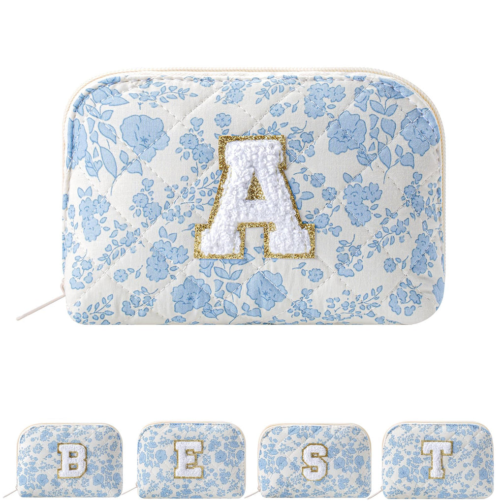 JOVAKIT Conch Alphabet Makeup Bag Cosmetic Bag for Women, Christmas Gifts for Women Girls, Blue Floral Coquette Travel Bag, Zipper Make Up Pouch Organizer Trendy Stuff (Blue Floral A)