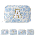 JOVAKIT Conch Alphabet Makeup Bag Cosmetic Bag for Women, Christmas Gifts for Women Girls, Blue Floral Coquette Travel Bag, Zipper Make Up Pouch Organizer Trendy Stuff (Blue Floral A)