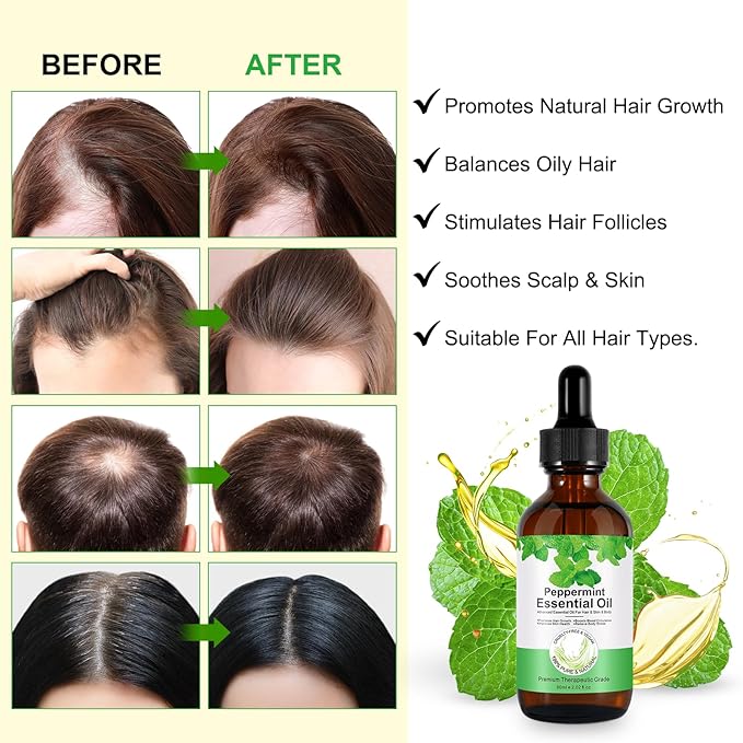 Akeeronn Peppermint Essential Oil 60ml, Natural Peppermint Oil for Hair Growth & Dandruff Removal - Perfect for Aromatherapy, Scalp and Body Massage, Refreshes, 2.02 fl.oz