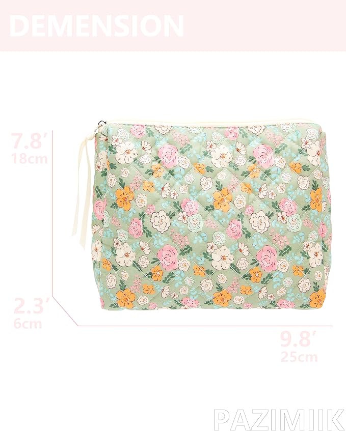 Quilted Makeup Pouch for Women, Travel Cosmetic&Toiletry Bag,Green Flower