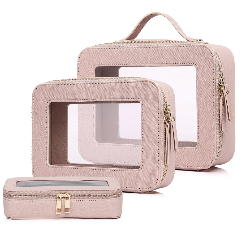 Pinkmik Clear Makeup Bag with Brush Bag 3pcs Waterproof Travel Case for Cosmetics and Toiletries Women's Makeup Organizer with Zipper (Pink, L+M+SLIM)