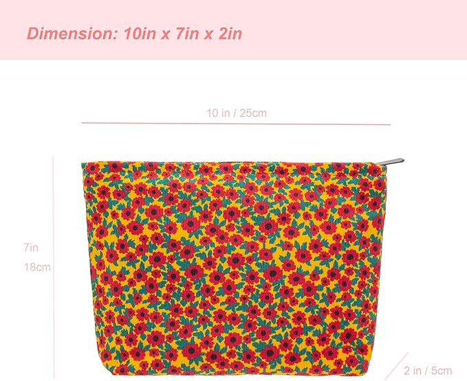 Flat Makeup Bag for Women,Zipper Cosmetic Pouch for Purse,Floral Red
