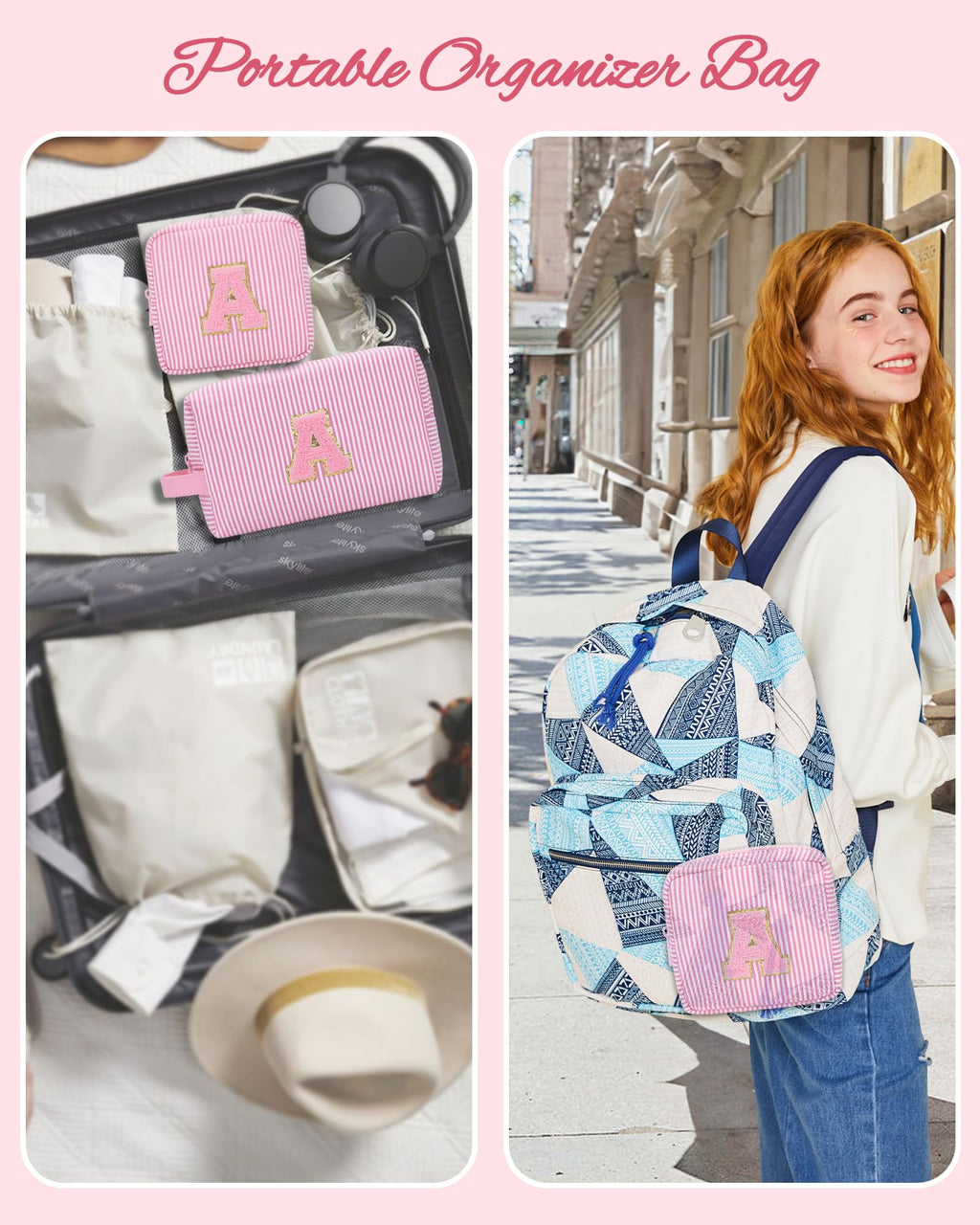 MONSTINA Easter Basket Gifts for Teens,Initial Makeup Bag,Monogram Pouch Personalized Cosmetic Bag for Girls&Women,Cute Letter Make Up Bag, Pink A