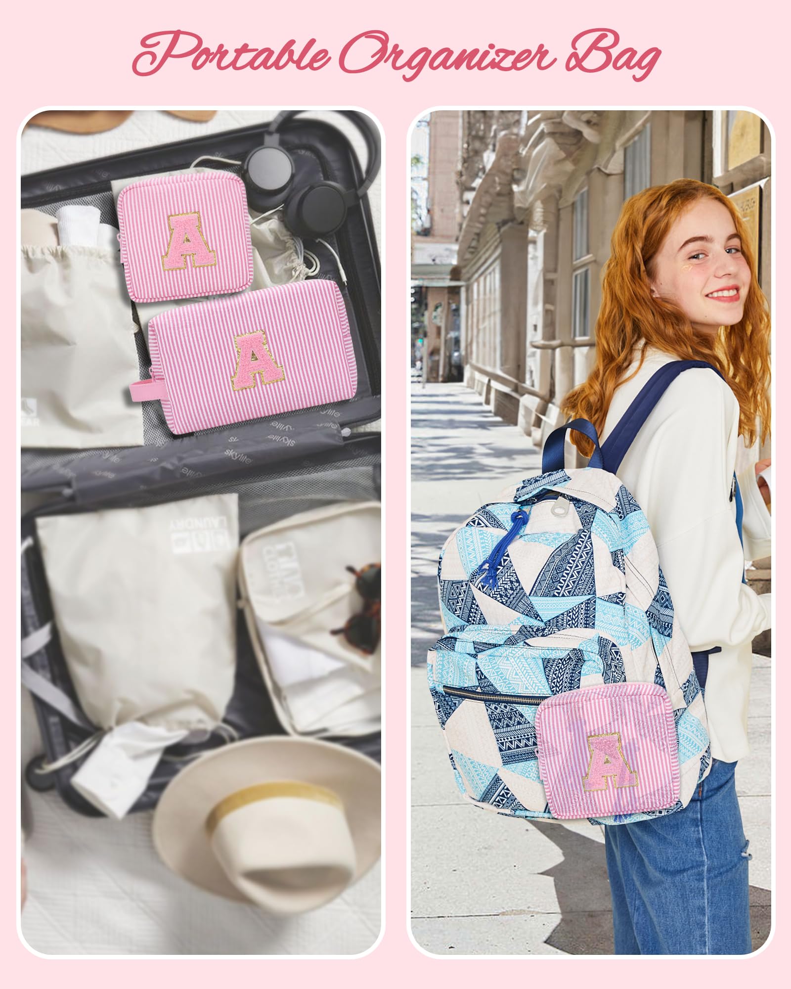MONSTINA Easter Basket Gifts for Teens,Initial Makeup Bag,Monogram Pouch Personalized Cosmetic Bag for Girls&Women,Cute Letter Make Up Bag, Pink A