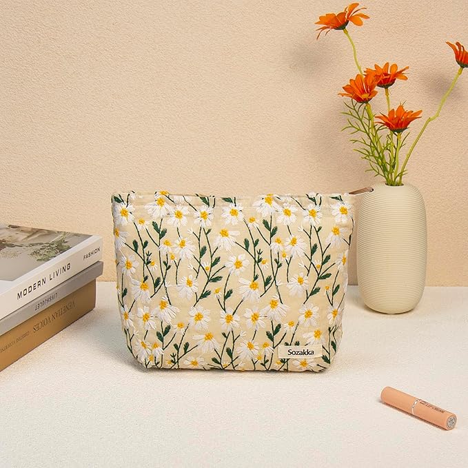 getgto 2 Pcs Makeup Bags, Large Cosmetic Bag Travel Toiletry Bag Organizer for Women, Embroidery Craft, Floral Makeup Bag Small Cosmetic Pouch Purse with Zipper Gifts for Girls Teen
